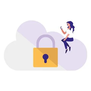 Woman using safe secure padlock with cloud computing Illustrazione stock