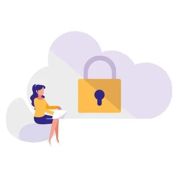 Woman using safe secure padlock with cloud computing イラスト素材