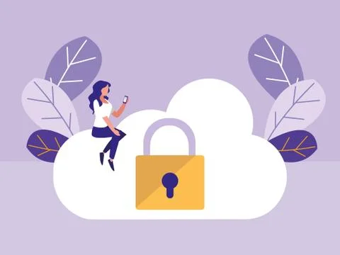 Woman using safe secure padlock with cloud computing Stock Illustration