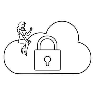 Woman using safe secure padlock with cloud computing Illustrazione stock