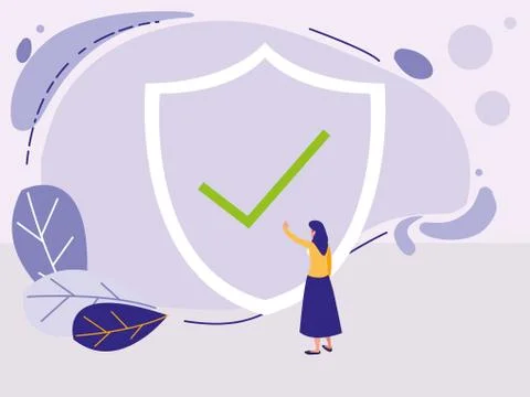 Woman using shield security with ok symbol Illustrazione stock