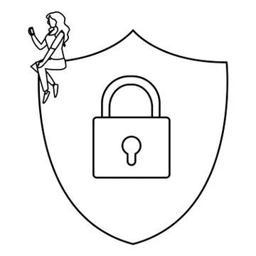 Woman using shield security with padlock Stock Illustration