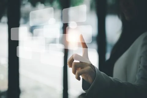 Woman using simulate cloud interface on metaverse application. Technology Foto stock