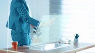 Woman Using Smart Home Technology At Futuristic Holographic Display Computer. Stock Footage