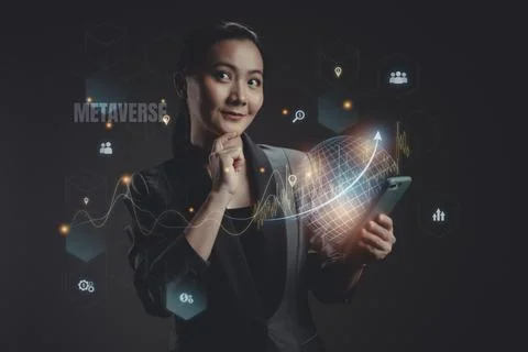 Woman using a smart phone with virtual reality technology of metaverse, inter Stock Photos