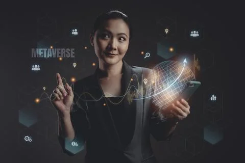 Woman using a smart phone with virtual reality technology of metaverse, inter Stock Photos