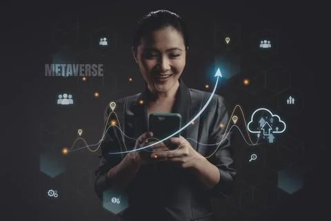 Woman using a smart phone with virtual reality technology of metaverse, inter Stock Photos