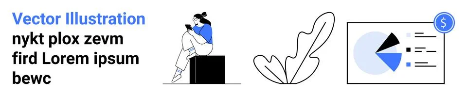 Woman Using Smartphone with Chart Analytics and Minimalist Plant Graphic Illustrazione stock