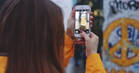 Woman Using Smartphone in the City, Taking Pictures. SLOW MOTION 4K Stock Footage 140295698
