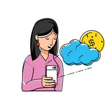 Woman using smartphone with cloud and coin Illustrazione stock