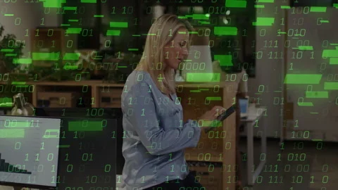 Woman using smartphone with green binary code animation overlaying scene Video stock 304857665