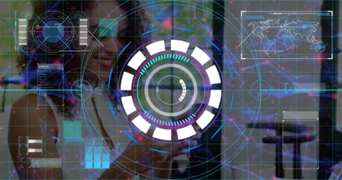 Woman using smartphone interacting in office with AR tech interface showing HUD Stock Footage 307449581