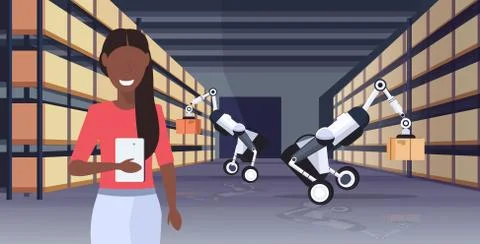 Woman using smartphone mobile app controlling robotic worker loading cardboard 스톡 일러스트