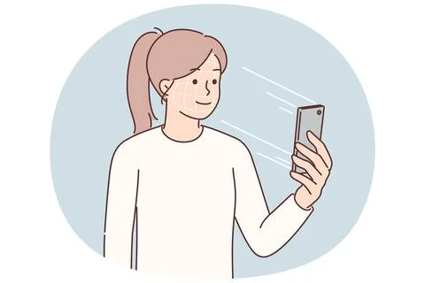 Woman using smartphone passes biometric identification allowing access to 스톡 일러스트