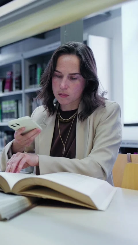 Woman Using Smartphone to Scan a Book in a Library Video stock 336042610