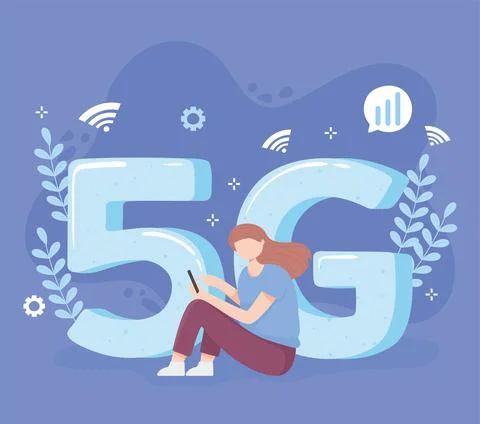 Woman using smartphone technology wireless connection 5G generation Stock Illustration