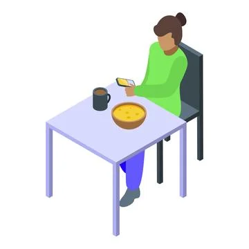 Woman using smartphone while having breakfast at table Stock Illustration