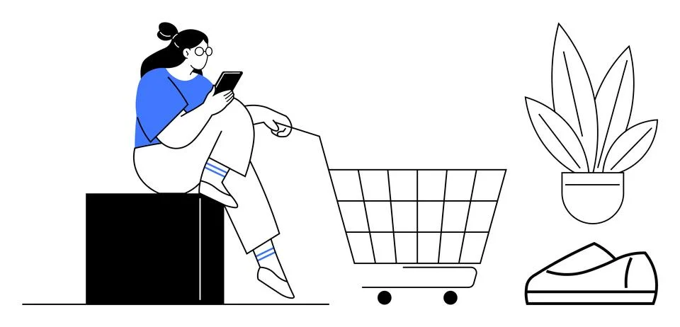 Woman using smartphone while sitting on a box, with a shopping cart, shoe, an Stock Illustration