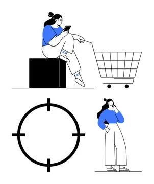 Woman using smartphone while sitting on a box with shopping cart, large focus Stock Illustration