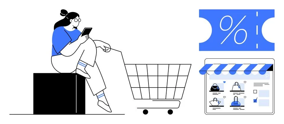 Woman using smartphone while sitting on a box next to shopping cart, discount Stock Illustration