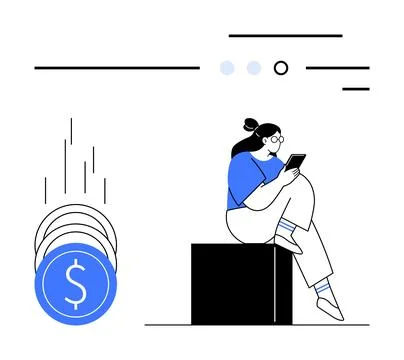 Woman Using Smartphone While Sitting Next to Falling Dollar Coins, Digital .. Stock Illustration