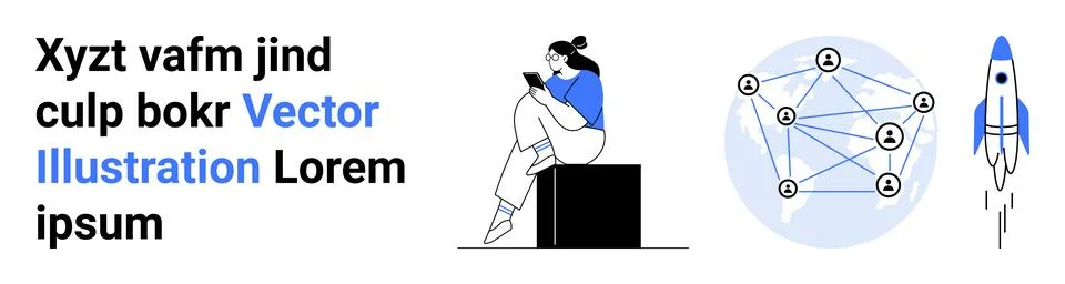 Woman using smartphone while sitting, network of connected people, rocket lau Illustrazione stock