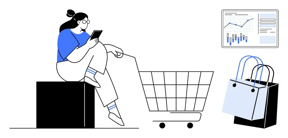 Woman Using Smartphone While Sitting on Box Next to Shopping Cart and Bags .. Stock Illustration