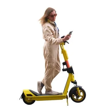 Woman using smartphone while standing on electric scooter. Urban mobility a.. Stock Photos