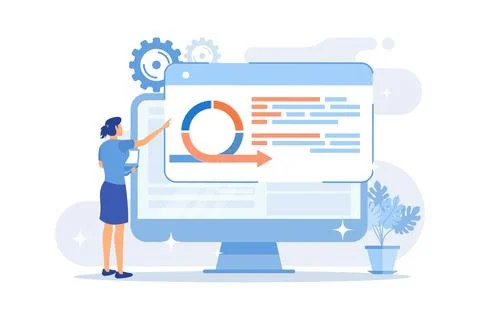 Woman using software cartoon character. Working process, workflow analysis,.. Stock Illustration