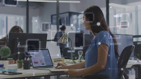 Woman using stylus and mouse, causing node overlays on laptop charts while Stock-Footage 333336615