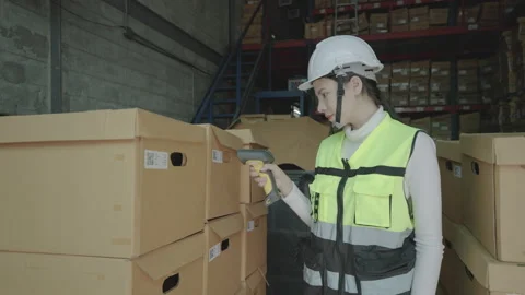Woman using tablet and wireless bar code reader reading data on cardbox. Stock Footage 221555127