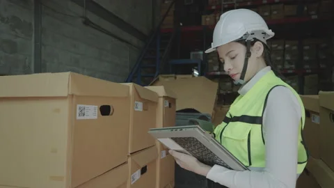 Woman using tablet and wireless bar code reader reading data on cardbox. Stock Footage 221555561