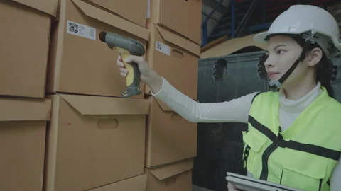 Woman using tablet and wireless bar code reader reading data on cardbox. Stock-Footage 221555669