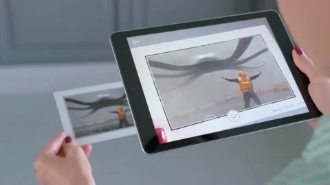 Woman using tablet with AR application: contemporary art, surrealism concept Stock Footage 139147925