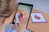Woman Using Tablet With Augmented Reality App - 3D Model Of Human Heart Stock Photos