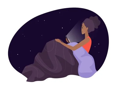Woman using tablet in bed at night concept illustration Stock Illustration