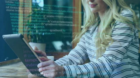 Woman using tablet with code and data processing animation overlay Stock Footage 306251840