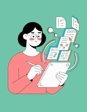 A woman using a tablet with documents and papers floating around her Stock Illustration