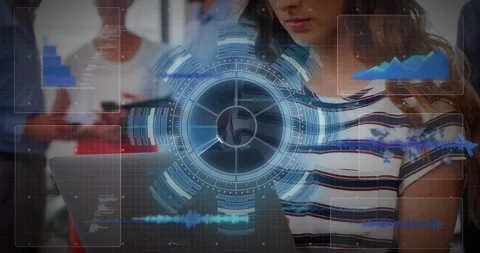 Woman using tablet, driving rotating data HUD, chart updating, code alert Stock Footage 334114082