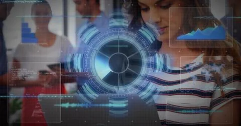 Woman using tablet, driving rotating data HUD, chart updating, code alert Foto stock