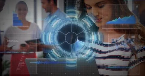 Woman using tablet, driving rotating data HUD, chart updating, code alert Stock-Fotos