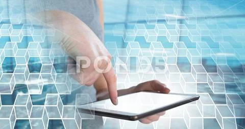 Woman using tablet with geometric transition Stock Photos