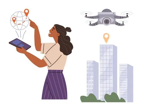 Woman Using Tablet for Map Navigation with quadcopter and Cityscape Elements イラスト素材