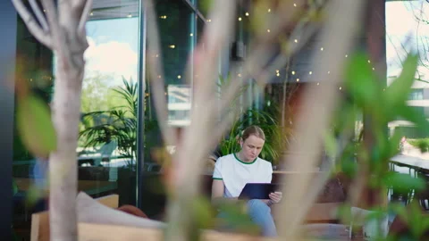 Woman Using Tablet in a Modern Cafe Stock Footage 335452145