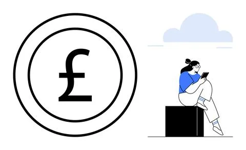 Woman Using Tablet Next to Pound Currency Symbol with Cloud in Background 库存插图