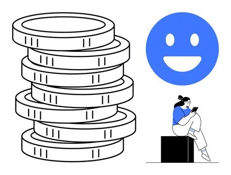 Woman Using a Tablet Next to a Stack of Coins and a Happy Face Icon Illustrazione stock