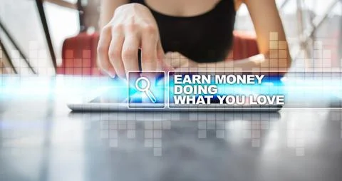 Woman using tablet pc and selecting earn money doing what you love. Fotos Stock