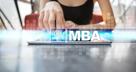 Woman using tablet pc and selecting mba. Stock-Fotos