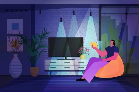 Woman using tablet pc in dark night living room social media network online Stock Illustration