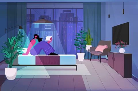 Woman using tablet pc in dark night bedroom social media network online Stock Illustration